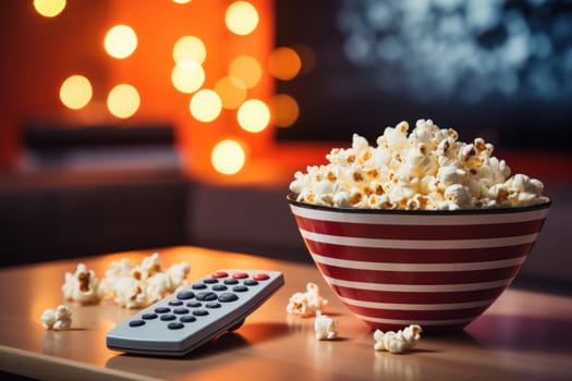 Popcorn in a glass bowl and remote control in front of the TV. Generative AI.
