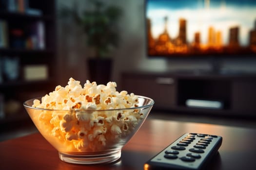 Popcorn in a glass bowl and remote control in front of the TV. Generative AI.