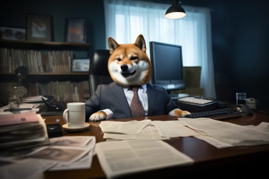 Shiba like a boss sitting behind a desk in style of Anthropomorphic animals. Generative AI.