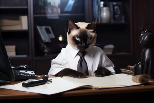 Siamese cat like a boss sitting behind a desk in style of Anthropomorphic animals. Generative AI.