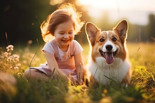 Young girl playing with happy Welsh Corgi dog in the park on a sunny summer day. Generative AI.