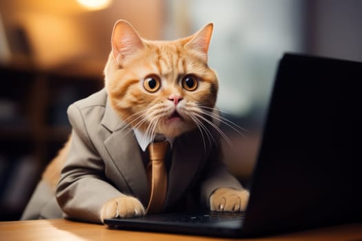 Ginger cat wearing a business suit and typing on a laptop at a desk. Generative AI.