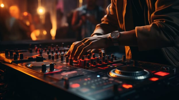 Close up of DJ hands adjusting controls on a mixing deck at a party. Generative AI.