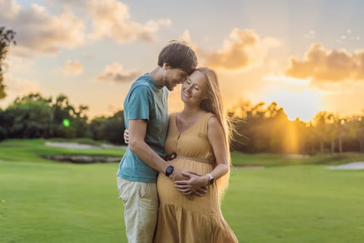 A blissful moment as a pregnant woman and her husband spend quality time together outdoors, savoring each other's company and enjoying the serenity of nature.