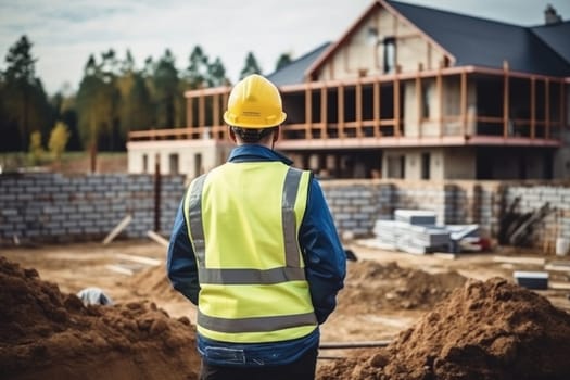 Master foreman in uniform and helmet watches, controls the construction of the house. Generative AI.