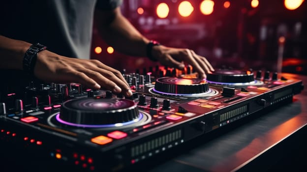 Close up of DJ hands adjusting controls on a mixing deck at a party. Generative AI.
