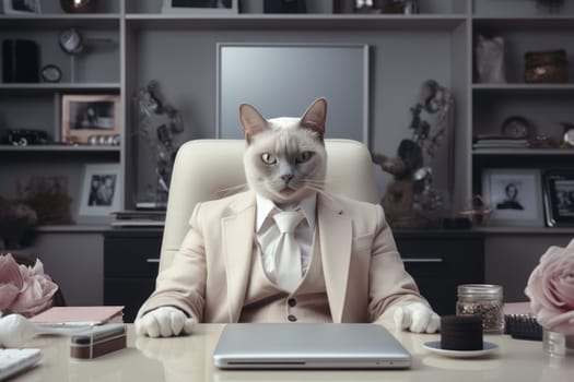 Siamese cat like a boss sitting behind a desk in style of Anthropomorphic animals. Generative AI.