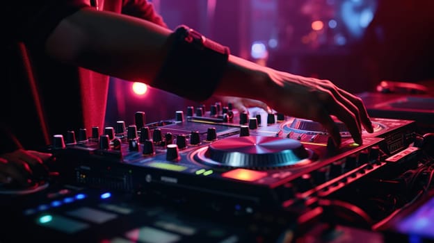 Close up of DJ hands adjusting controls on a mixing deck at a party. Generative AI.