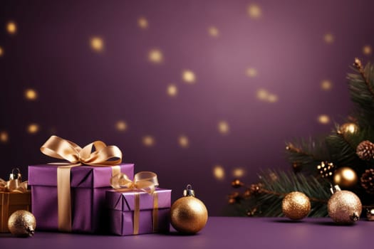 Merry Christmas banner with blank space for text, purple background. Generative AI.