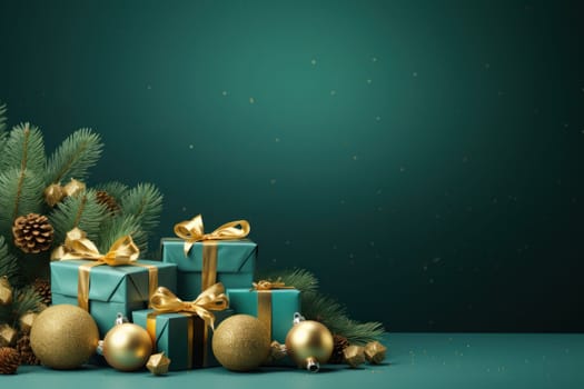 Merry Christmas banner with blank space for text, green background. Generative AI.
