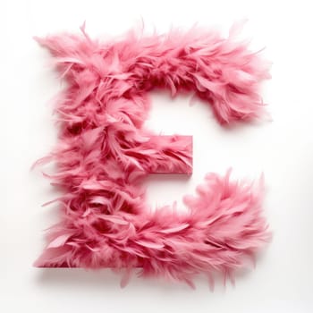 English letter E, whose texture is pink feather. white background. Generative AI.