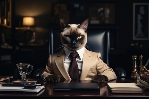 Siamese cat like a boss sitting behind a desk in style of Anthropomorphic animals. Generative AI.