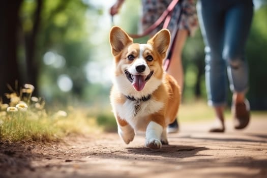 Young girl playing with happy Welsh Corgi dog in the park on a sunny summer day. Generative AI.