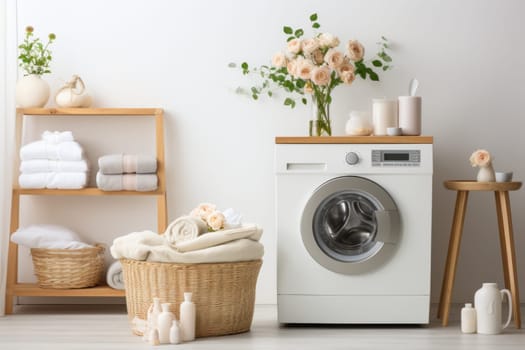 Washing machine in a white room with plants beside it. Generative AI.