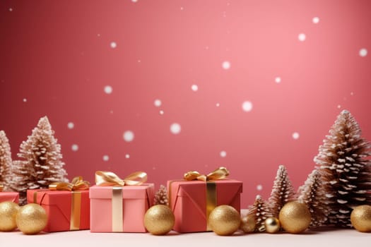 Merry Christmas banner with blank space for text, pink background. Generative AI.