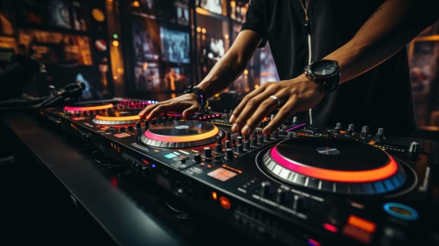 Close up of DJ hands adjusting controls on a mixing deck at a party. Generative AI.