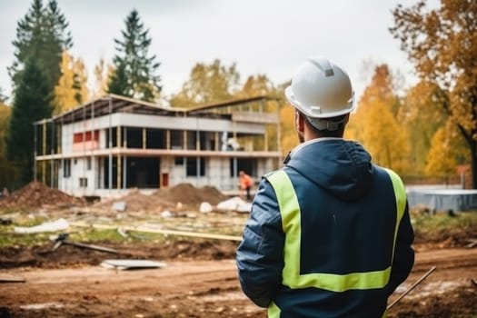 Master foreman in uniform and helmet watches, controls the construction of the house. Generative AI.