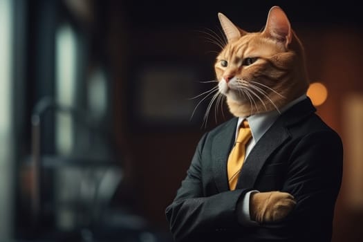 Side view ginger cat wearing a black business suit Standing with arms crossed. Generative IA.