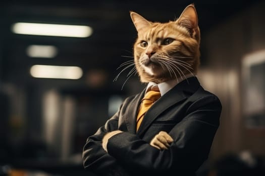 Side view ginger cat wearing a black business suit Standing with arms crossed. Generative IA.