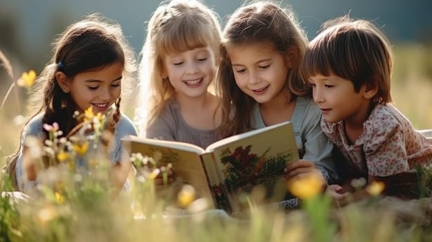 Happy children kids reading book together at the field concept children day. Generative AI.