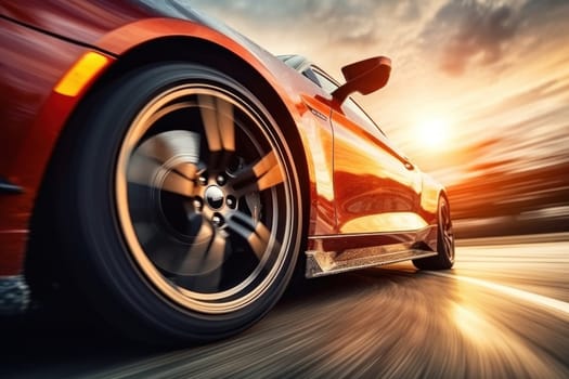 Motion blur shot, curve tail light drifting car wheels.