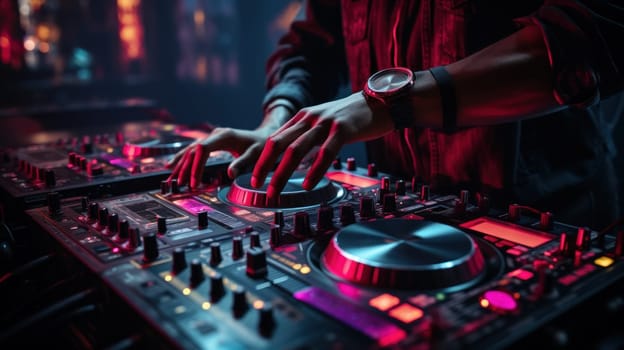 Close up of DJ hands adjusting controls on a mixing deck at a party. Generative AI.