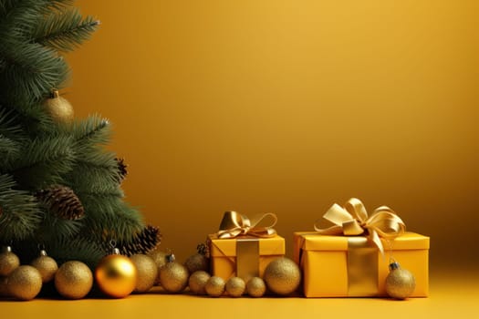 Merry Christmas banner with blank space for text, Yellow background. Generative AI.
