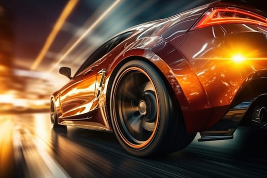 Motion blur shot, curve tail light drifting car wheels.