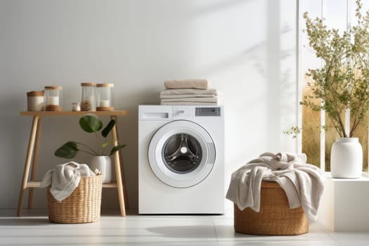 Washing machine in a white room with plants beside it. Generative AI.