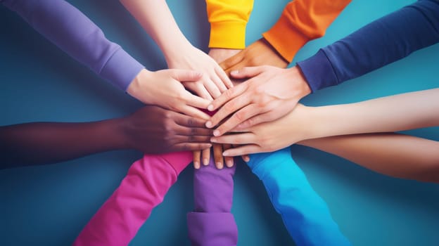 Stack of hands showing unity and teamwork, office background, panorama. Generative AI.