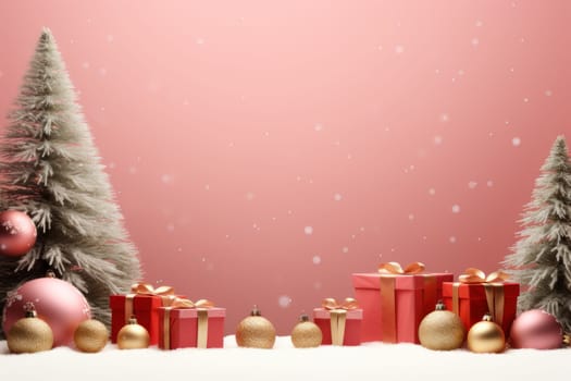 Merry Christmas banner with blank space for text, pink background. Generative AI.