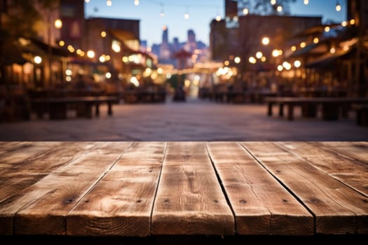 Wooden table empty space against illuminated on a fall night in vintage town. Generative AI.