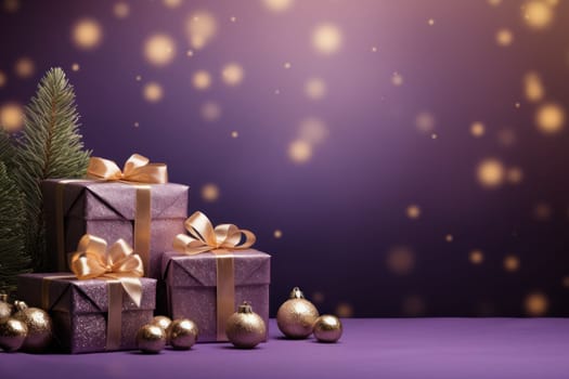 Merry Christmas banner with blank space for text, purple background. Generative AI.