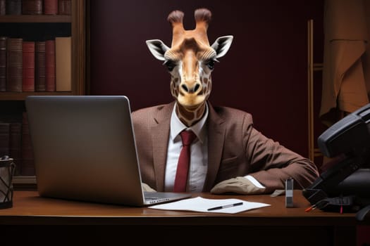 A giraffe like a boss sitting behind a desk in style of Anthropomorphic animals. Generative AI.