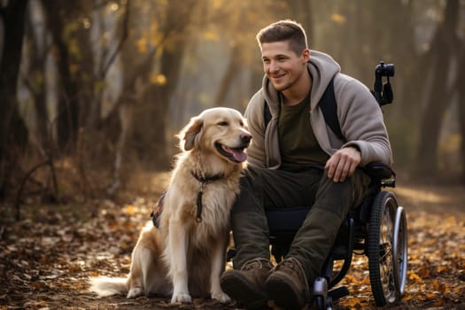 Man in a wheelchair is accompanied walk in the park with dog. Generative AI.