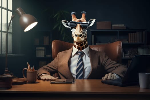 A giraffe like a boss sitting behind a desk in style of Anthropomorphic animals. Generative AI.