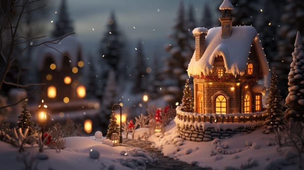 Christmas house with Christmas tree and candles in the snow. Generative AI.