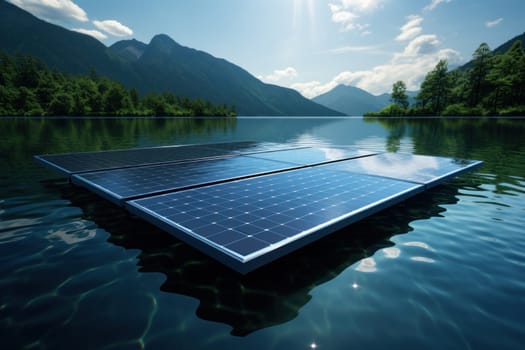 Floating solar panels, concept of green energy. Generative AI.