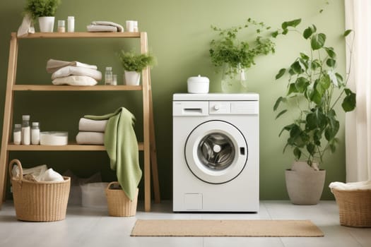 Washing machine in a white room with plants beside it. Generative AI.
