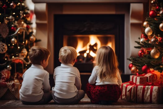 kids, Christmas in the living room with a fireplace and a beautiful Christmas tree. Generative AI.