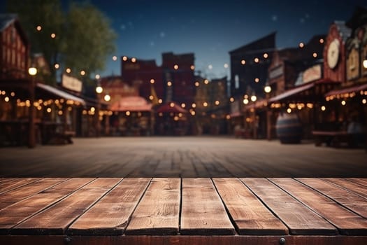 Wooden table empty space against illuminated on a fall night in vintage town. Generative AI.