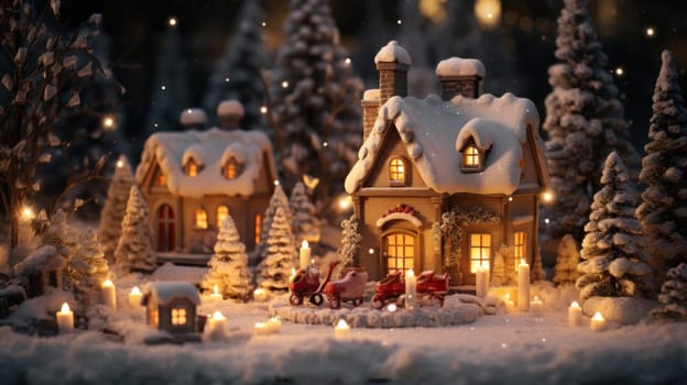 Christmas house with Christmas tree and candles in the snow. Generative AI.