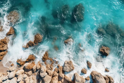 Aerial view of the ocean with rocks in the foreground. Generative AI.