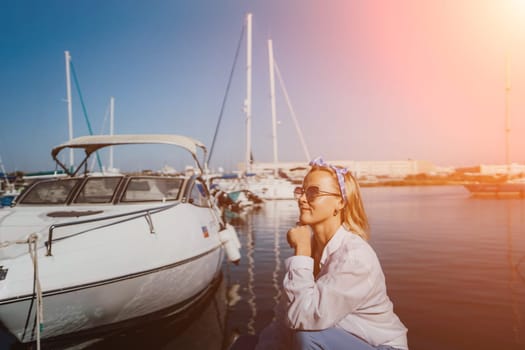 Woman in white shirt in marina , surrounded by several other boats. The marina is filled with boats of various sizes, creating a lively and picturesque atmosphere