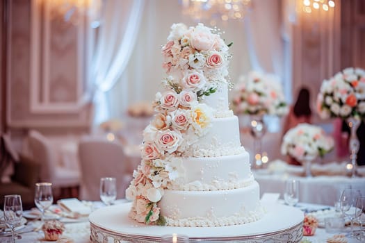 A large beautiful wedding cake covered in whipped cream and decorated with delicate flowers growing through it. AI generated.