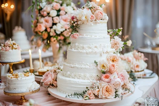 A large beautiful wedding cake covered in whipped cream and decorated with delicate flowers growing through it. AI generated.