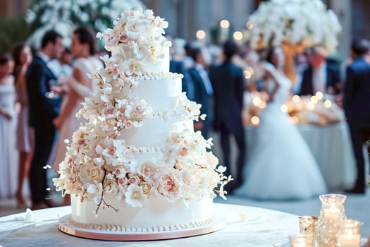 A large beautiful wedding cake covered in whipped cream and decorated with delicate flowers growing through it. AI generated.