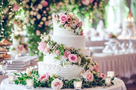 A large beautiful wedding cake covered in whipped cream and decorated with delicate flowers growing through it. AI generated.