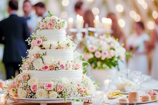 A large beautiful wedding cake covered in whipped cream and decorated with delicate flowers growing through it. AI generated.