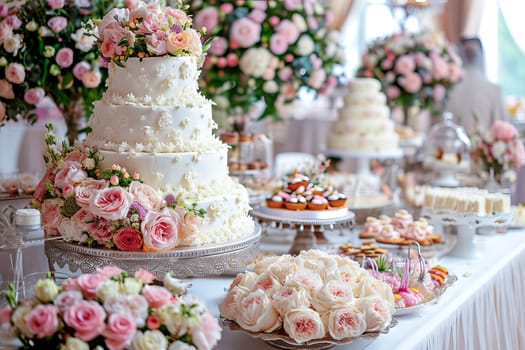 A large beautiful wedding cake covered in whipped cream and decorated with delicate flowers growing through it. AI generated.